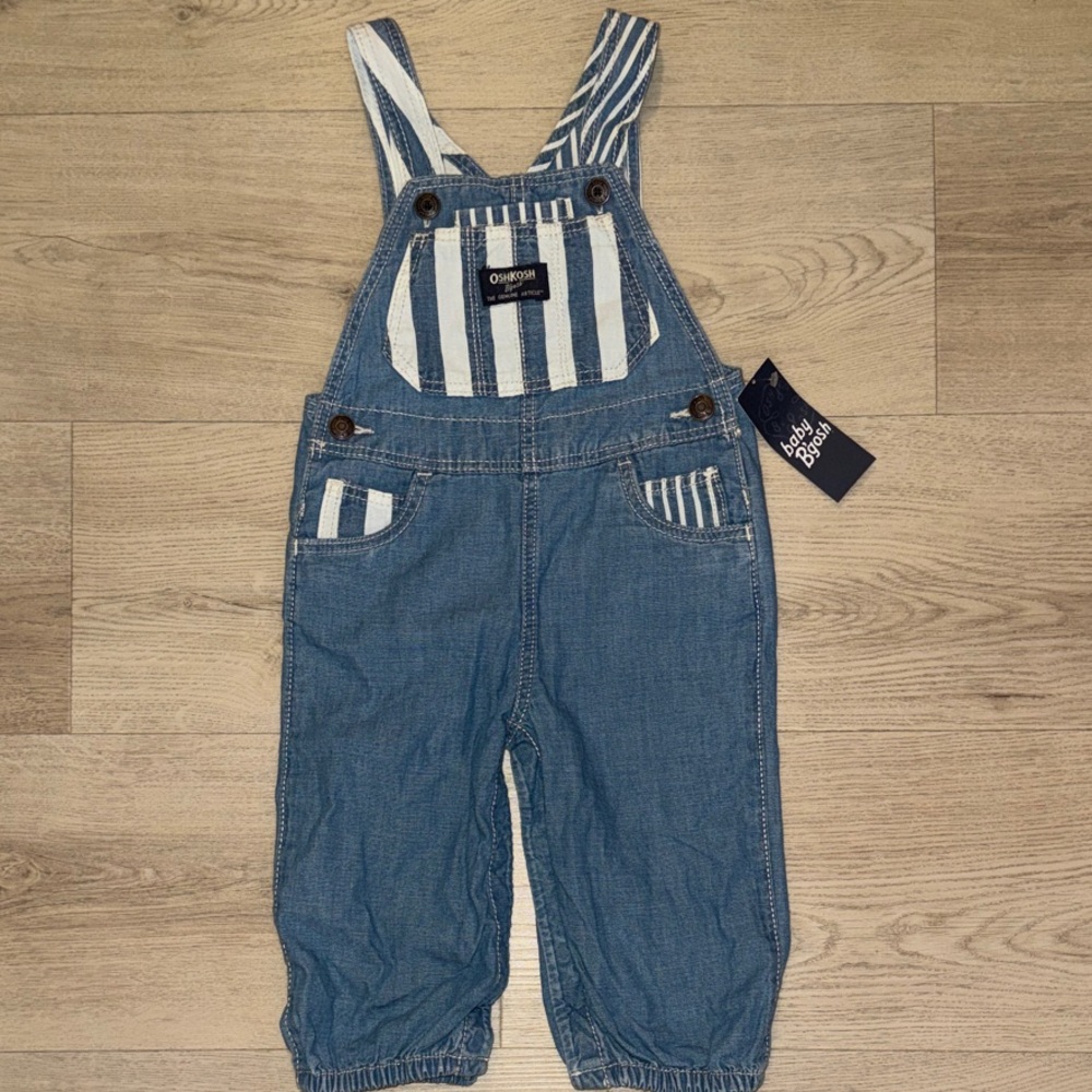OshKosh B'gosh Denim Overalls with Navy and White Striped Accents